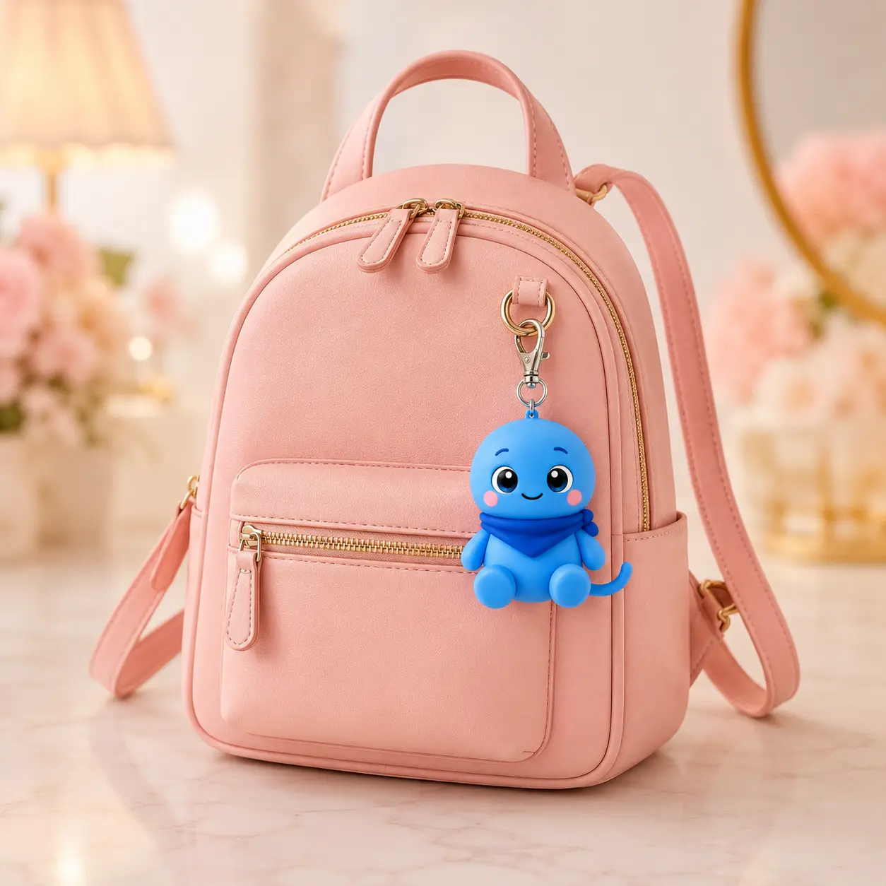 Azulín Mini en una mochila rosada