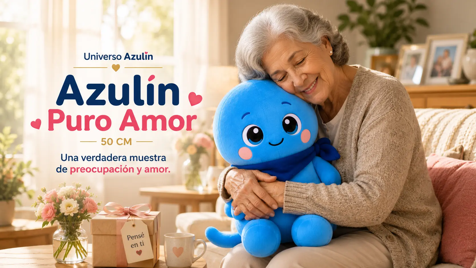 Una mujer mayor abraza a Azulín Puro Amor