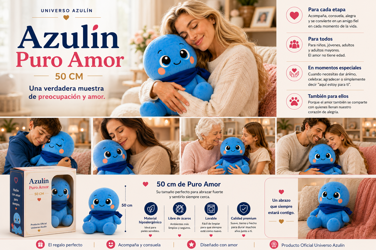 Presentación oficial de Azulín Puro Amor con escenas de cariño, beneficios emocionales y producto oficial