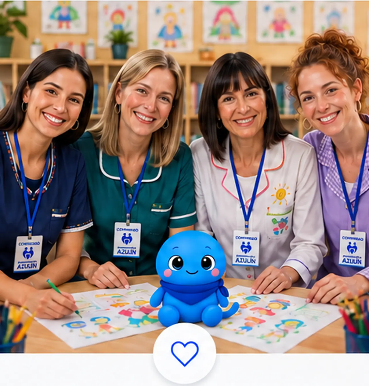 Cuatro profesionales de la educación junto a Azulín y materiales emocionales