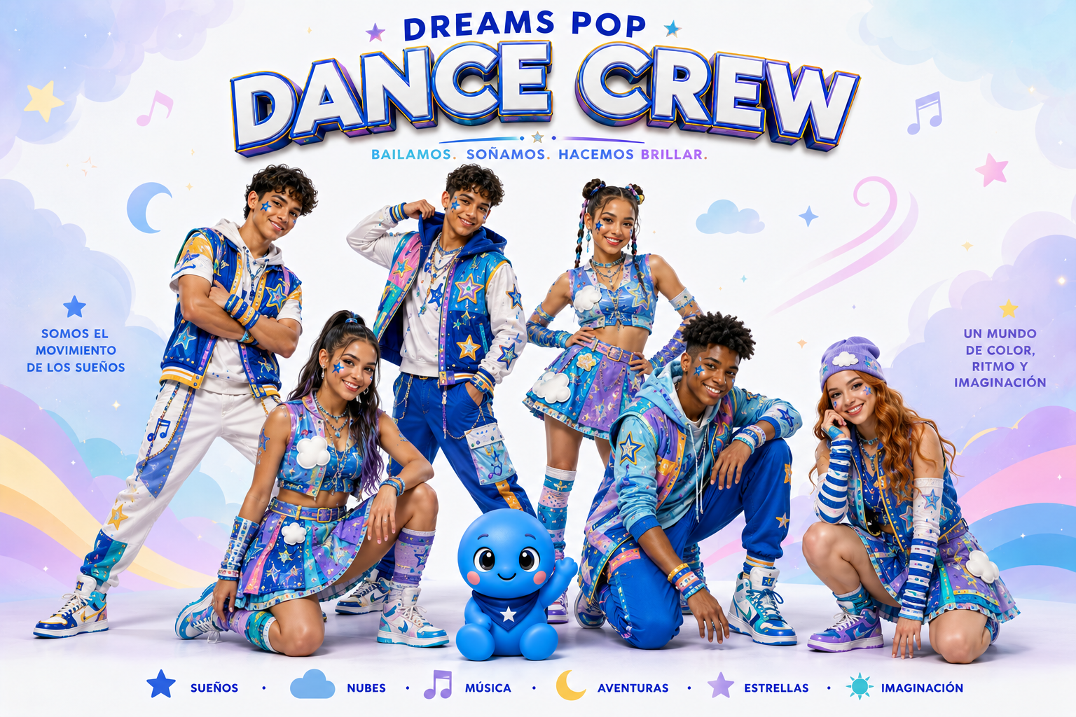 Elenco oficial autorizado de Dreams Pop Dance Crew junto a Azulín